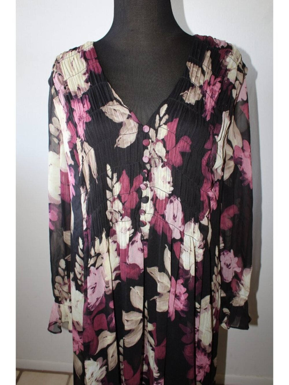 Taylor Chiffon Floral Print Dress Long Sleeve Size 16/XL Smoke V-Neck Party - Picture 7 of 12